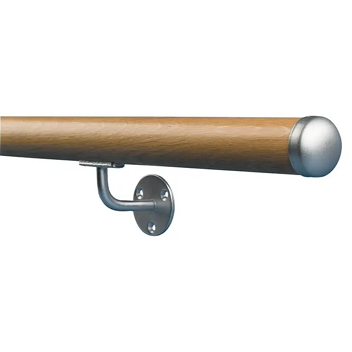 Dolle Handlauf-Set PS 052 - Eiche, Lackiert, Länge: 150 cm - Eine Holzhandlauf mit silberner Halterung und Endkappe. Das Produkt ist ideal für Treppen und Flure und bietet zusätzliche Sicherheit.