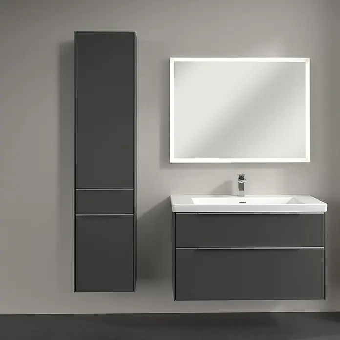 Villeroy & Boch Subway 3.0 Hochschrank - B x T x H: 40 x 36,2 x 171 cm, 1x Schublade, 2x Tür, Graphite, Farbe Griff: Volcano black, DIN Anschlag: Links - Badezimmer-Set mit einem modernen Waschbeckenunterschrank mit Schubladen, einem passenden Hochschrank und einem beleuchteten Spiegel für ein stilvolles Ambiente.