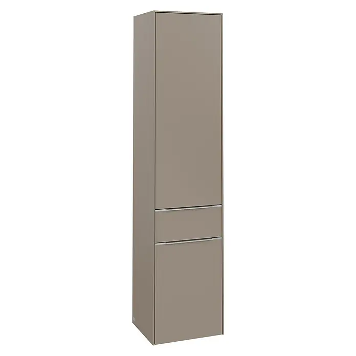 Villeroy & Boch Subway 3.0 Hochschrank - B x T x H: 40 x 36,2 x 171 cm, 1x Schublade, 2x Tür, Taupe, Farbe Griff: Aluminium glänzend, DIN Anschlag: Links - Abbildung eines stilvollen, beigefarbenen Kleiderschranks mit minimalistischen Griffen, der moderne Eleganz und Funktionalität vereint.