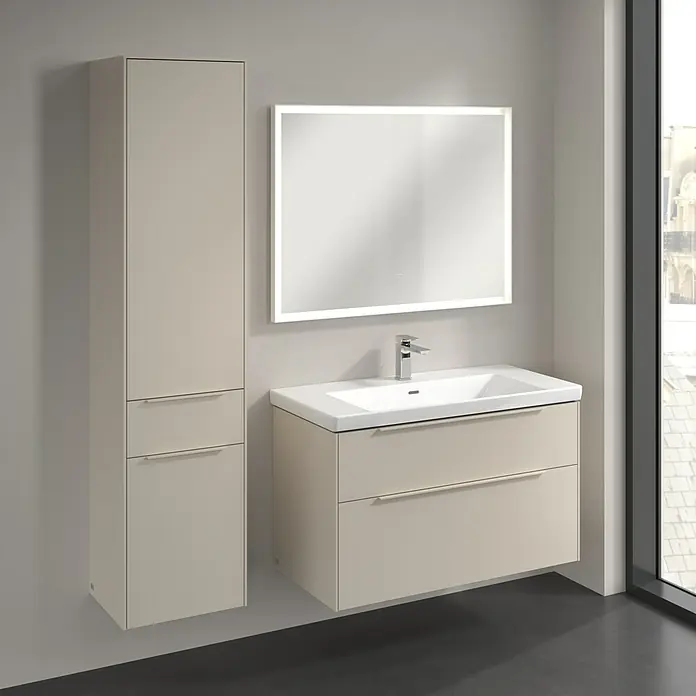Villeroy & Boch Subway 3.0 Hochschrank - B x T x H: 40 x 36,2 x 171 cm, 1x Schublade, 2x Tür, Cashmere Grey, Farbe Griff: Cashmere Grey, DIN Anschlag: Links - Elegantes Badezimmer-Set mit Waschtischunterschrank und hochglänzendem Spiegelschrank für ein modernes Ambiente.