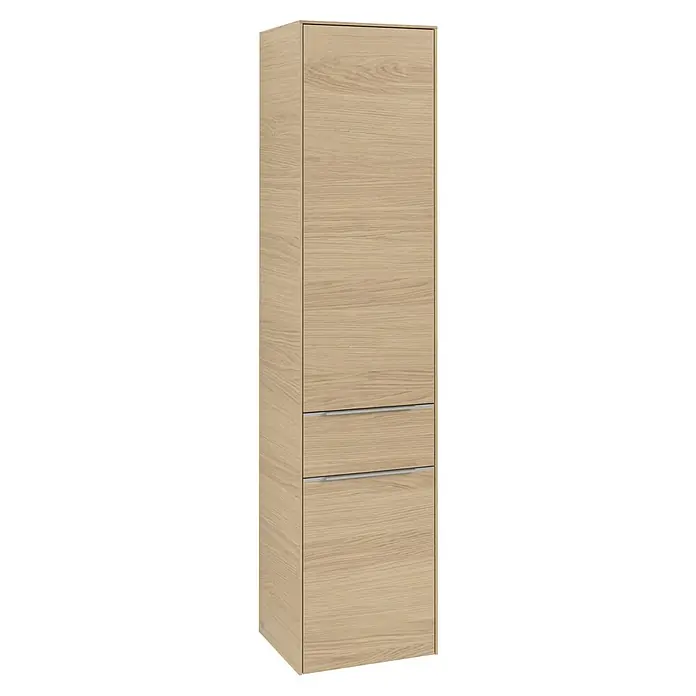 Villeroy & Boch Subway 3.0 Hochschrank - B x T x H: 40 x 36,2 x 171 cm, 1x Schublade, 2x Tür, Nordik oak, Farbe Griff: Aluminium glänzend, DIN Anschlag: Rechts - Elegantes, helles Holzfurnier-Hochschrank-Element mit schlichten silbernen Griffen, ideal für moderne Wohnräume und optimierte Stauraumlösungen.