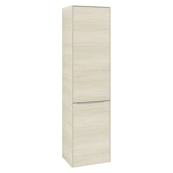 Villeroy & Boch Subway 3.0 Hochschrank - B x T x H: 40 x 36,2 x 171 cm, 1x Klappe mit Wäschekorb, 1x Tür, White Oak, Farbe Griff: Aluminium glänzend, DIN Anschlag: Links - Elegantes Hochschrank-Design. Der Schrank besticht durch sein helles Holzdekor und die schlichte, moderne Form. Stauraum in stilvoller Ausführung.