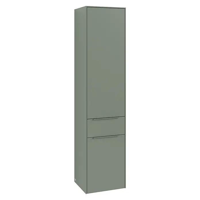 Villeroy & Boch Subway 3.0 Hochschrank - B x T x H: 40 x 36,2 x 171 cm, 1x Schublade, 2x Tür, Soft Green, Farbe Griff: Soft Green, DIN Anschlag: Rechts - Ein schmaler, olivgrüner Hochschrank mit zwei Schubladen und einer Tür, ideal für zusätzlichen Stauraum im Badezimmer oder in der Küche.