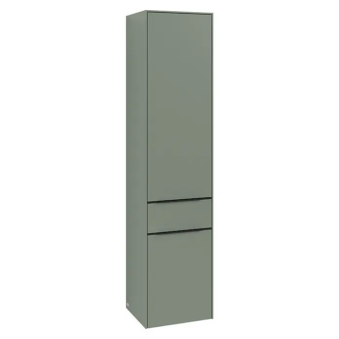 Villeroy & Boch Subway 3.0 Hochschrank - B x T x H: 40 x 36,2 x 171 cm, 1x Schublade, 2x Tür, Soft Green, Farbe Griff: Volcano black, DIN Anschlag: Links - Ein schlanker, grauer Hochschrank mit zwei Schubladen und einer Tür, ideal für moderne Badezimmer. Praktisch und stilvoll.\n