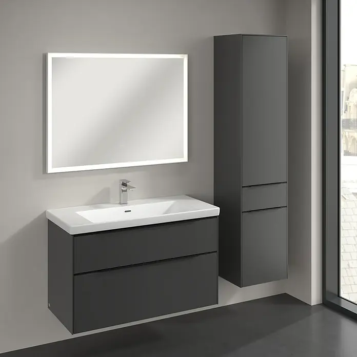Villeroy & Boch Subway 3.0 Hochschrank - B x T x H: 40 x 36,2 x 171 cm, 1x Schublade, 2x Tür, Graphite, Farbe Griff: Volcano black, DIN Anschlag: Rechts - Moderne Badezimmer-Waschtischkombination in Anthrazit mit LED-Spiegel und Hochschrank für ein stilvolles Ambiente.