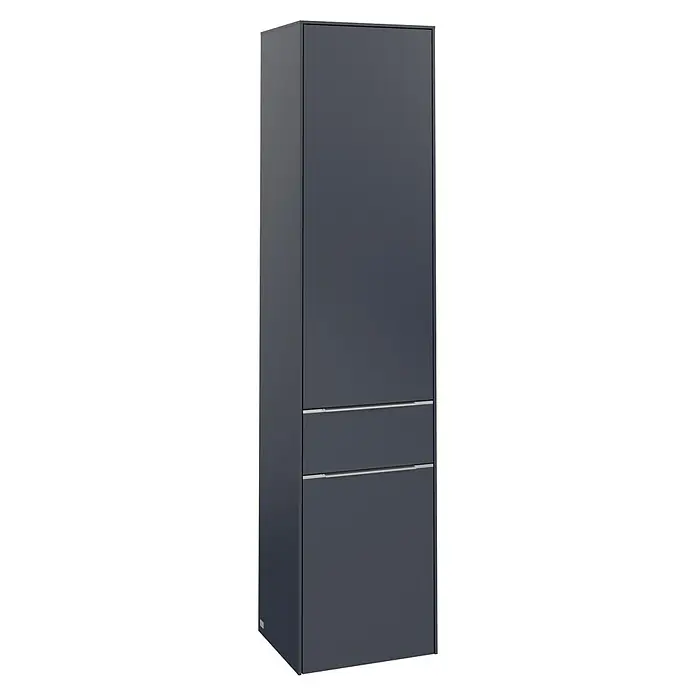 Villeroy & Boch Subway 3.0 Hochschrank - B x T x H: 40 x 36,2 x 171 cm, 1x Schublade, 2x Tür, Marine Blue, Farbe Griff: Aluminium glänzend, DIN Anschlag: Links - Ein schlanker, anthrazitfarbener Hochschrank mit zwei Schubladen und minimalistischen silbernen Griffen. Ideal für moderne Badezimmer.