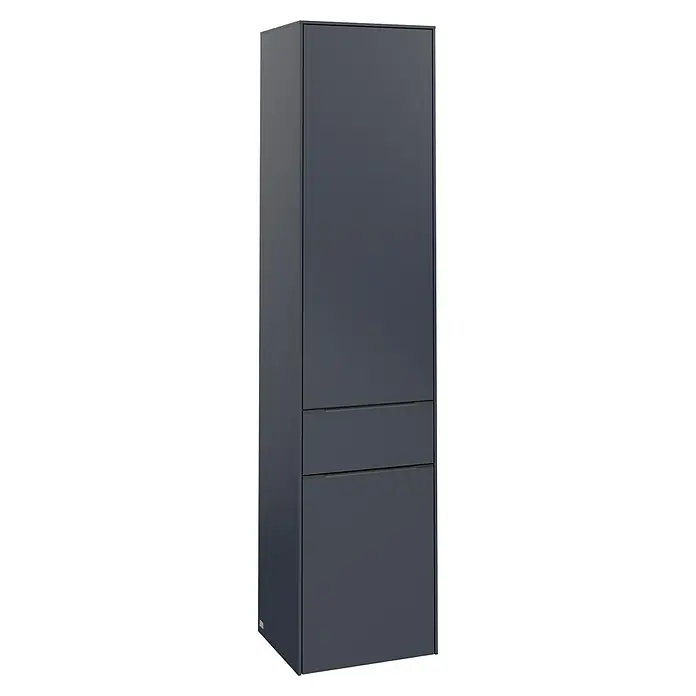 Villeroy & Boch Subway 3.0 Hochschrank - B x T x H: 40 x 36,2 x 171 cm, 1x Schublade, 2x Tür, Marine Blue, Farbe Griff: Marine Blue, DIN Anschlag: Rechts - Abbildung eines modernen, hohen Badezimmerschranks in Anthrazit mit schlichten Linien und zwei Schubladen.