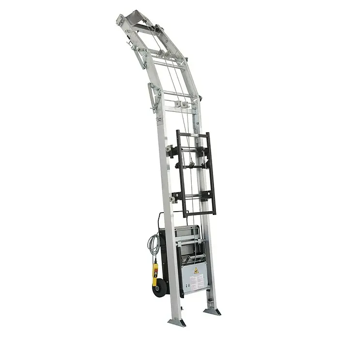 Haemmerlin Maxial Bauaufzug Expert 250/40 - Länge: 10,5 m, Aluminium, Ausführungseigenschaft: Grundausführung - Hier ist ein Bild eines Treppenlifts, der sich ideal für den Transport von Gütern über Treppen eignet. Er verfügt über einen robusten Rahmen und eine sichere Plattform.