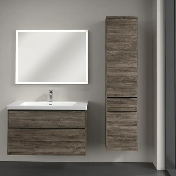 Villeroy & Boch Subway 3.0 Hochschrank - B x T x H: 40 x 36,2 x 171 cm, 1x Schublade, 2x Tür, Stone Oak, Farbe Griff: Volcano black, DIN Anschlag: Rechts - Modernes Badezimmer-Set mit Waschtischunterschrank, Aufsatzwaschbecken, Spiegelschrank mit Beleuchtung und Hochschrank in Holzoptik.