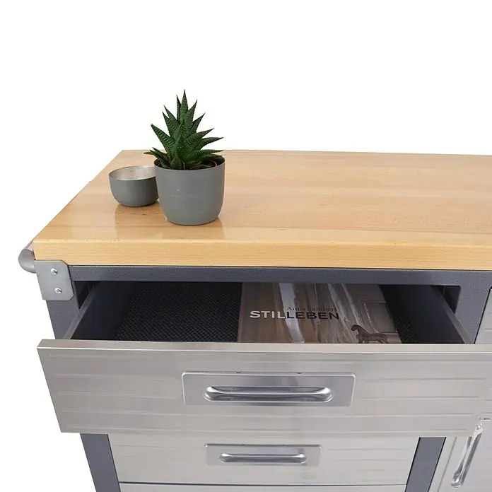 Werkstattwagen - L x B x H: 51 x 195 x 95 cm, Anzahl Schubladen: 12 Stk. - Der moderne Servierwagen mit Holzplatte, Schubladen und einer Pflanze und einem kleinen Topf obenauf bietet stilvollen Stauraum.
