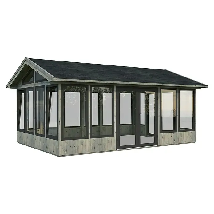 Palmako Gartenhaus Isabella - Außenmaß inkl. Dachüberstand (B x T): 661 x 465 cm, Tauchgrundiertes Holz, Grau - Diese Abbildung zeigt ein elegantes Gartenhaus mit viel Glas und einem dunklen Dach, ideal für den Garten. Das Gartenhaus bietet eine stilvolle Erweiterung.