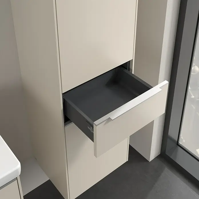 Villeroy & Boch Subway 3.0 Hochschrank - B x T x H: 40 x 36,2 x 171 cm, 1x Schublade, 2x Tür, Cashmere Grey, Farbe Griff: Aluminium glänzend, DIN Anschlag: Rechts - Der moderne, beigefarbene Schubladenschrank mit Auszug bietet stilvollen Stauraum.