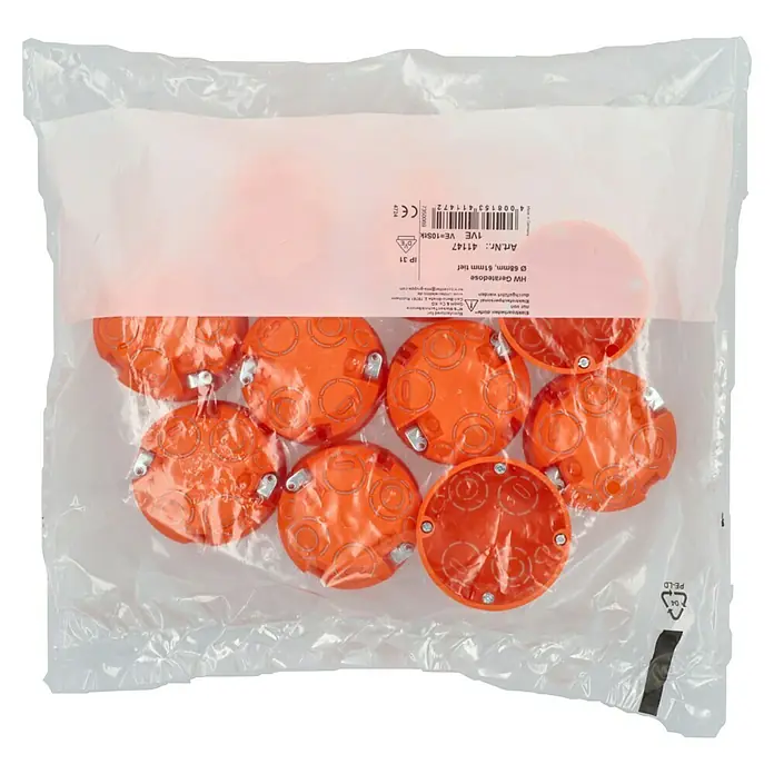 Hohlwanddose Tief - 68 x 61 mm, 1-fach, Orange, 10 Stk. - Eine Packung orangefarbene HW Gerätedosen (Ø 68mm, 61mm tief) der Art.Nr.: 41147, verkauft als 1VE VE=10Stk Einheit.