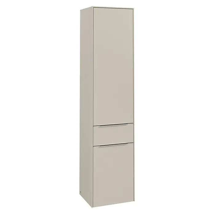 Villeroy & Boch Subway 3.0 Hochschrank - B x T x H: 40 x 36,2 x 171 cm, 1x Schublade, 2x Tür, Cashmere Grey, Farbe Griff: Aluminium glänzend, DIN Anschlag: Links - Ein hoher, beiger Badezimmerschrank mit zwei Schubladen und einer Tür zur Aufbewahrung von Badutensilien.