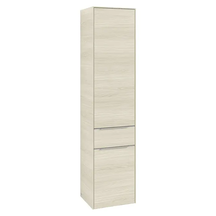 Villeroy & Boch Subway 3.0 Hochschrank - B x T x H: 40 x 36,2 x 171 cm, 1x Schublade, 2x Tür, White Oak, Farbe Griff: Aluminium glänzend, DIN Anschlag: Rechts - Ein hoher, schmaler Holzschrank mit einer langen Tür und zwei Schubladen im unteren Bereich. Schlichtes Design, ideal für zusätzlichen Stauraum.