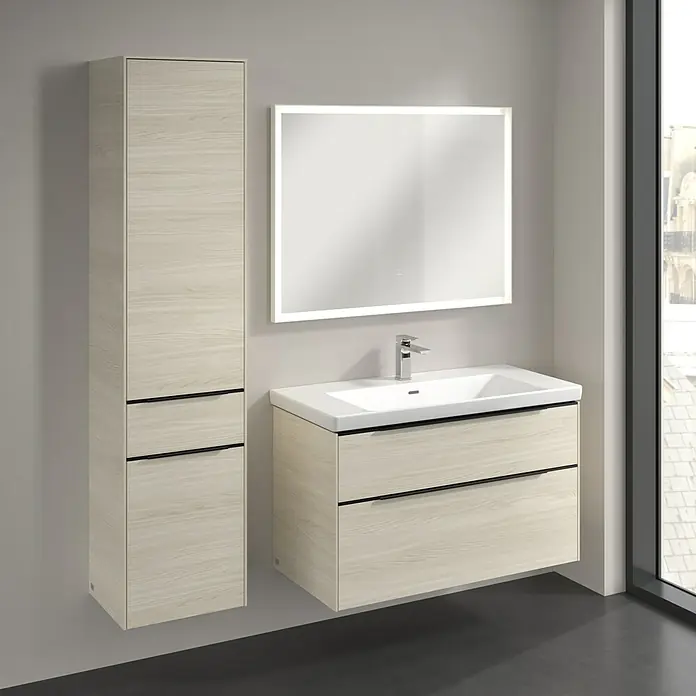 Villeroy & Boch Subway 3.0 Hochschrank - B x T x H: 40 x 36,2 x 171 cm, 1x Schublade, 2x Tür, White Oak, Farbe Griff: Volcano black, DIN Anschlag: Links - Modernes Badezimmer-Set mit Waschtischunterschrank, Keramikwaschbecken, Spiegelschrank mit Beleuchtung und Hochschrank in Holzoptik für ein stilvolles Ambiente.