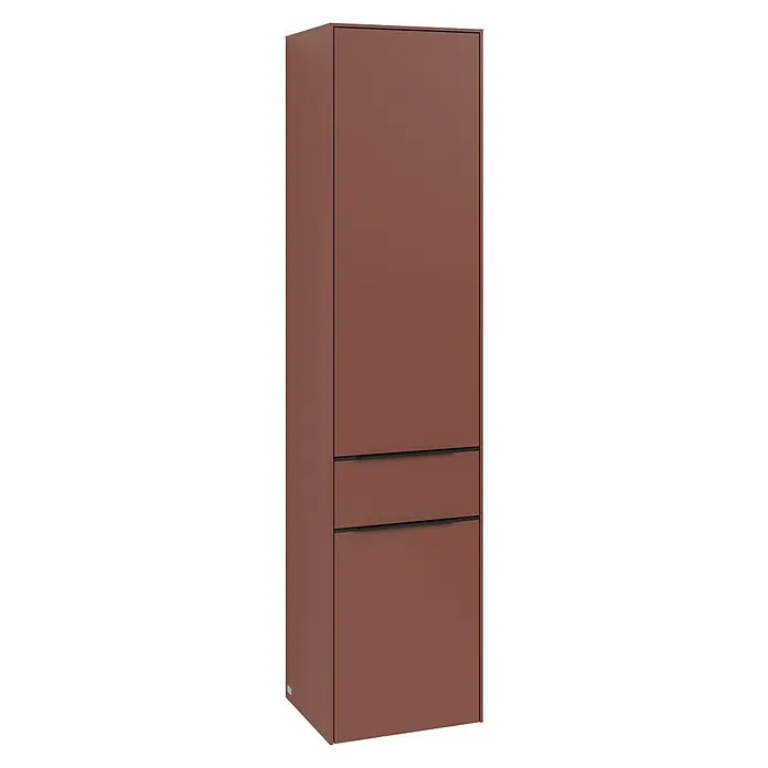 Villeroy & Boch Subway 3.0 Hochschrank - B x T x H: 40 x 36,2 x 171 cm, 1x Schublade, 2x Tür, Wine Red, Farbe Griff: Volcano black, DIN Anschlag: Rechts - Moderner terracottafarbener Hochschrank mit zwei Schubladen und schlichten schwarzen Griffen für ein stilvolles Badezimmer.