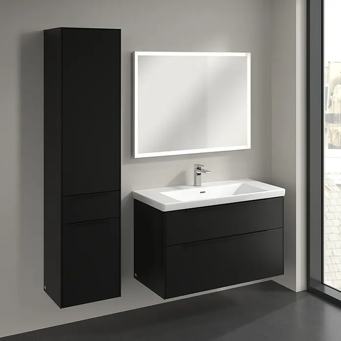 Villeroy & Boch Subway 3.0 Hochschrank - B x T x H: 40 x 36,2 x 171 cm, 1x Schublade, 2x Tür, Volcano Black, Farbe Griff: Volcano black, DIN Anschlag: Links - Elegantes Badezimmer-Set in Schwarz mit Waschtischunterschrank, Waschbecken und Spiegelschrank für ein modernes Ambiente.