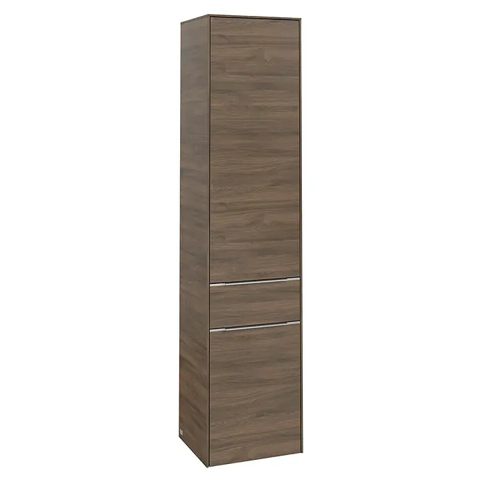 Villeroy & Boch Subway 3.0 Hochschrank - B x T x H: 40 x 36,2 x 171 cm, 1x Schublade, 2x Tür, Arizona Oak, Farbe Griff: Aluminium glänzend, DIN Anschlag: Links - Ein hochformatiger, dunkelbrauner Holzschrank mit zwei Schubladen und einer durchgehenden Tür, ideal für moderne Stauraumlösungen.