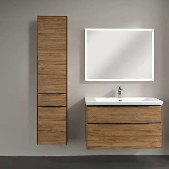 Villeroy & Boch Subway 3.0 Hochschrank - B x T x H: 40 x 36,2 x 171 cm, 1x Schublade, 2x Tür, Kansas Oak, Farbe Griff: Volcano black, DIN Anschlag: Links - Moderne Badezimmereinrichtung mit Waschtischunterschrank, Spiegelschrank und Hochschrank in Holzoptik, die Stauraum und stilvolles Design vereint.