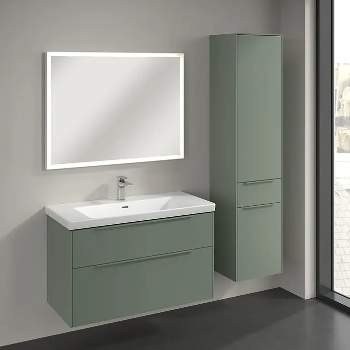 Villeroy & Boch Subway 3.0 Hochschrank - B x T x H: 40 x 36,2 x 171 cm, 1x Schublade, 2x Tür, Soft Green, Farbe Griff: Soft Green, DIN Anschlag: Rechts - Elegantes Badezimmer-Set mit Waschbeckenunterschrank, Aufbewahrungsschrank und Spiegel mit Beleuchtung.