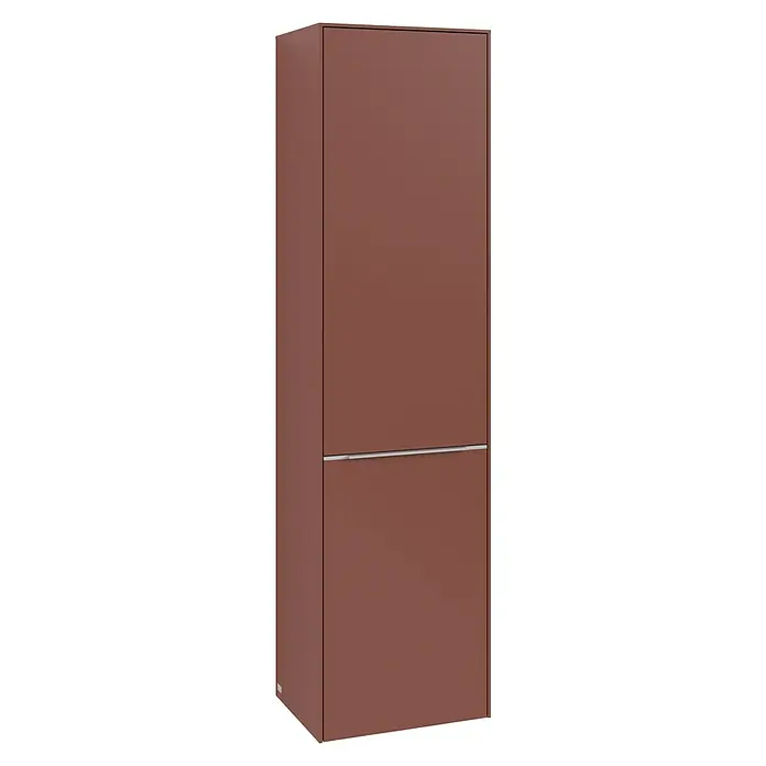 Villeroy & Boch Subway 3.0 Hochschrank - B x T x H: 40 x 36,2 x 171 cm, 1x Klappe mit Wäschekorb, 1x Tür, Wine Red, Farbe Griff: Aluminium glänzend, DIN Anschlag: Links - Elegantes, modernes Schuhschrankmöbel in erdigem Braunton mit minimalistischem, geradlinigem Design und feinen Metallakzenten.