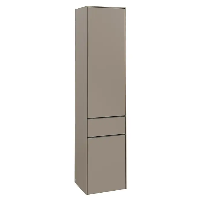 Villeroy & Boch Subway 3.0 Hochschrank - B x T x H: 40 x 36,2 x 171 cm, 1x Schublade, 2x Tür, Taupe, Farbe Griff: Taupe, DIN Anschlag: Links - Ein schlanker, moderner Schrank in einem neutralen Farbton mit minimalistischen Schubladen für ein elegantes Stauraumdesign.
