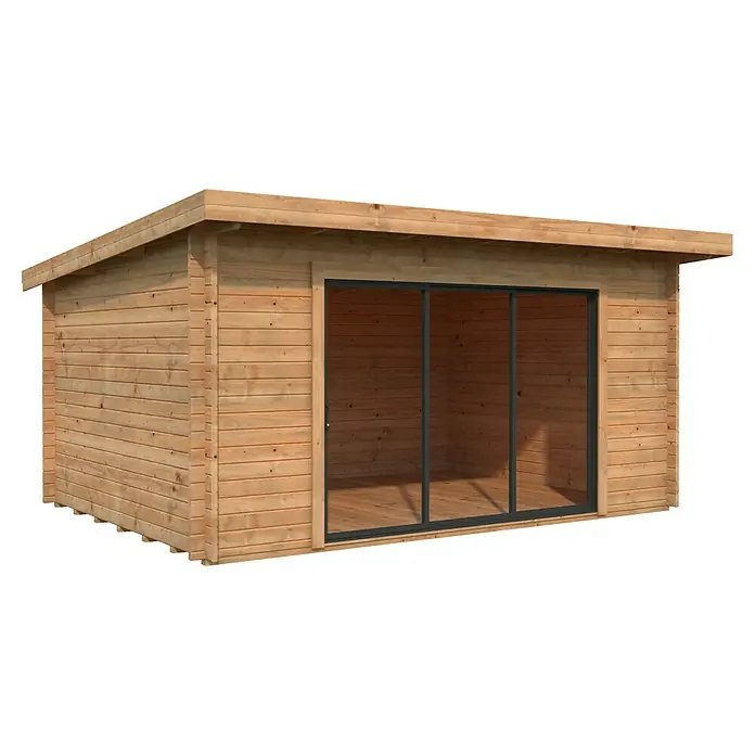 Palmako Gartenhaus Lea Slide - Außenmaß inkl. Dachüberstand (B x T): 494 x 402 cm, Tauchgrundiertes Holz, Hellbraun - Eine moderne, hellbraune Holzgartenlaube mit Glasschiebetüren, die viel Tageslicht hereinlässt und einen einladenden Raum schafft.