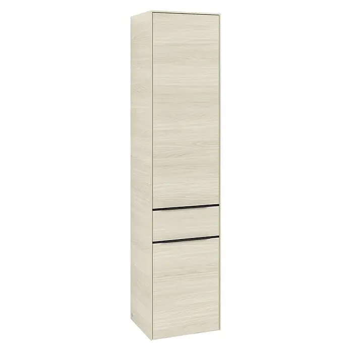 Villeroy & Boch Subway 3.0 Hochschrank - B x T x H: 40 x 36,2 x 171 cm, 1x Schublade, 2x Tür, White Oak, Farbe Griff: Volcano black, DIN Anschlag: Rechts - Ein schmaler, heller Holzschrank mit zwei Schubladen und schlichten, schwarzen Griffen, ideal für moderne Wohnräume.