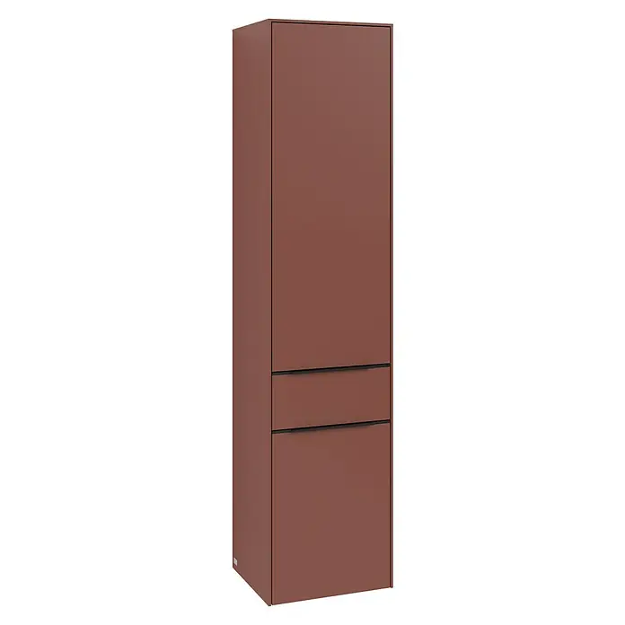 Villeroy & Boch Subway 3.0 Hochschrank - B x T x H: 40 x 36,2 x 171 cm, 1x Schublade, 2x Tür, Wine Red, Farbe Griff: Volcano black, DIN Anschlag: Links - Ein moderner brauner Hochschrank mit minimalistischem Design und zwei Schubladen, ideal für stilvolle Stauraumlösungen im Haus.