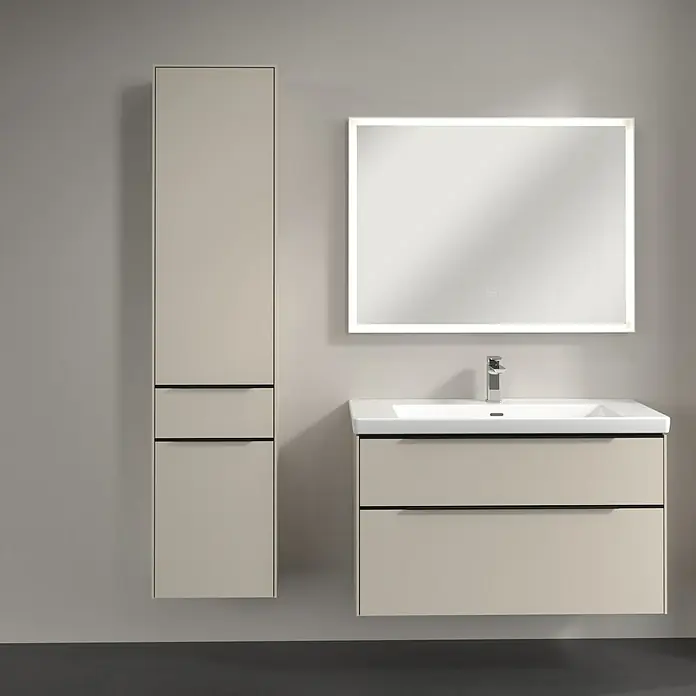 Villeroy & Boch Subway 3.0 Hochschrank - B x T x H: 40 x 36,2 x 171 cm, 1x Schublade, 2x Tür, Cashmere Grey, Farbe Griff: Volcano black, DIN Anschlag: Links - Badezimmermöbel-Set in Beige: Waschtisch mit Schubladen, Spiegelschrank mit Beleuchtung und Hochschrank für ein modernes Ambiente.