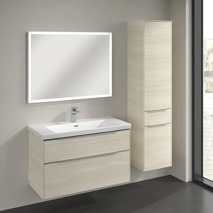 Villeroy & Boch Subway 3.0 Hochschrank - B x T x H: 40 x 36,2 x 171 cm, 1x Schublade, 2x Tür, White Oak, Farbe Griff: Aluminium glänzend, DIN Anschlag: Rechts - Modernes Badezimmer-Set mit Waschtischunterschrank, Waschbecken, Spiegelschrank mit Beleuchtung und Hochschrank in Holzoptik.