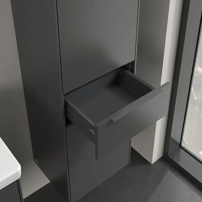 Villeroy & Boch Subway 3.0 Hochschrank - B x T x H: 40 x 36,2 x 171 cm, 1x Schublade, 2x Tür, Graphite, Farbe Griff: Graphite, DIN Anschlag: Rechts - Grauer Badezimmerschrank mit offener Schublade, der modernes Design und Funktionalität vereint. Ideal für stilvolle Badaufbewahrung.
