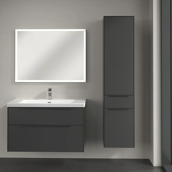 Villeroy & Boch Subway 3.0 Hochschrank - B x T x H: 40 x 36,2 x 171 cm, 1x Schublade, 2x Tür, Graphite, Farbe Griff: Graphite, DIN Anschlag: Rechts - Modernes Badezimmer-Set in Grau mit Waschbeckenunterschrank, Spiegelschrank und Hochschrank für ein stilvolles Ambiente.