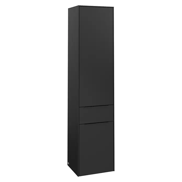 Villeroy & Boch Subway 3.0 Hochschrank - B x T x H: 40 x 36,2 x 171 cm, 1x Schublade, 2x Tür, Volcano Black, Farbe Griff: Volcano black, DIN Anschlag: Rechts - Schwarzer Hochschrank mit minimalistischem Design und glatten Oberflächen, ideal für moderne Badezimmer oder Wohnbereiche.