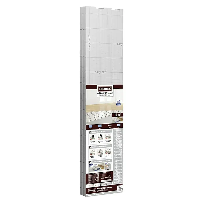 LOGOCLIC Dämmunterlage Aqua Stop Smart Limited - 15 m², Stärke: 2 mm - Das Bild zeigt eine Packung Logoclic Aquastop Smart Dämmunterlage, ideal zur Trittschalldämmung und Feuchtigkeitsregulierung unter Laminat.