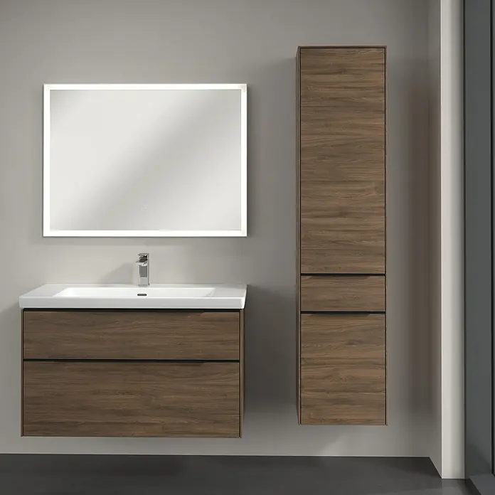 Villeroy & Boch Subway 3.0 Hochschrank - B x T x H: 40 x 36,2 x 171 cm, 1x Schublade, 2x Tür, Arizona Oak, Farbe Griff: Volcano black, DIN Anschlag: Rechts - Stilvolles Badezimmer-Set mit Waschtischunterschrank, Waschbecken und beleuchtetem Spiegel.
