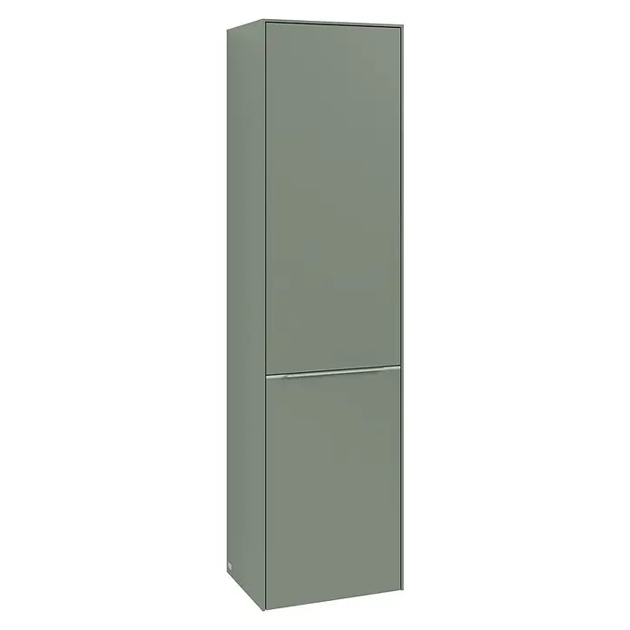 Villeroy & Boch Subway 3.0 Hochschrank - B x T x H: 40 x 36,2 x 171 cm, 1x Klappe mit Wäschekorb, 1x Tür, Soft Green, Farbe Griff: Aluminium glänzend, DIN Anschlag: Links - Schlichtes, graues Sideboard mit zwei Schubladen und einem minimalistischen, modernen Design für stilvolle Aufbewahrung.