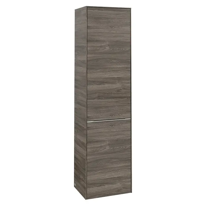 Villeroy & Boch Subway 3.0 Hochschrank - B x T x H: 40 x 36,2 x 171 cm, 1x Klappe mit Wäschekorb, 1x Tür, Stone Oak, Farbe Griff: Aluminium glänzend, DIN Anschlag: Links - Ein schmaler, graubrauner Holzschrank mit einer silbernen Zierleiste, ideal für stilvolle Stauraumlösungen.