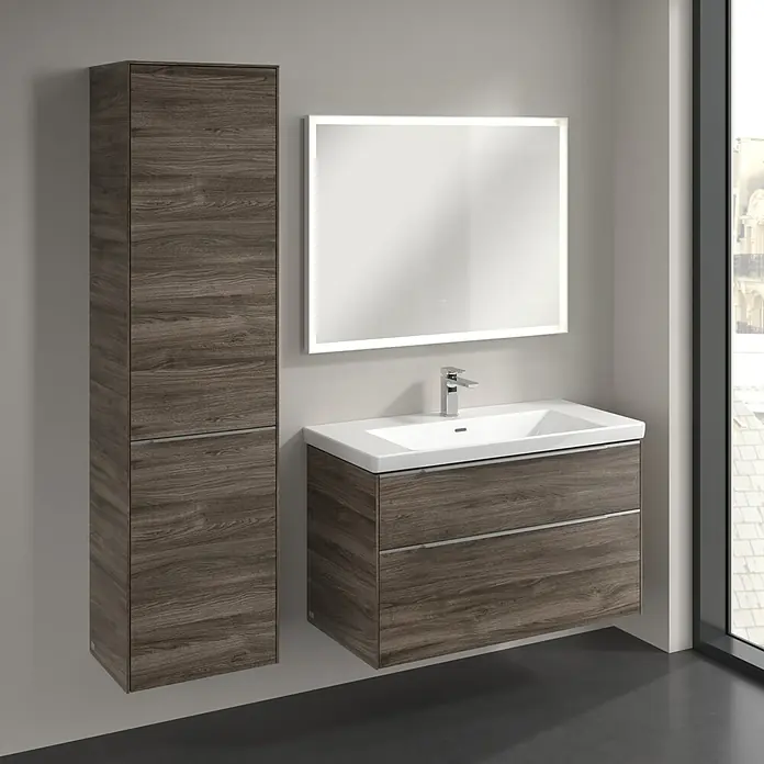 Villeroy & Boch Subway 3.0 Hochschrank - B x T x H: 40 x 36,2 x 171 cm, 1x Klappe mit Wäschekorb, 1x Tür, Stone Oak, Farbe Griff: Aluminium glänzend, DIN Anschlag: Links - Badezimmermöbel-Set mit Waschtischunterschrank, Spiegelschrank und Hochschrank in Holzoptik für ein stilvolles Badambiente.