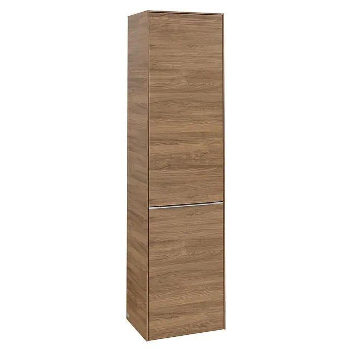 Villeroy & Boch Subway 3.0 Hochschrank - B x T x H: 40 x 36,2 x 171 cm, 1x Klappe mit Wäschekorb, 1x Tür, Kansas Oak, Farbe Griff: Aluminium glänzend, DIN Anschlag: Links - Schrank mit Holzstruktur. Der Holzschrank ist modern und funktional und bietet viel Stauraum. Die Oberfläche hat eine schöne Maserung.