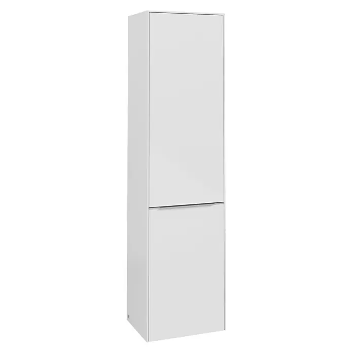 Villeroy & Boch Subway 3.0 Hochschrank - B x T x H: 40 x 36,2 x 171 cm, 1x Klappe mit Wäschekorb, 1x Tür, Brilliant White, Farbe Griff: Aluminium glänzend, DIN Anschlag: Links - Ein weißer, hochglänzender Schuhschrank mit zwei Fächern, ideal für Flur oder Diele. Praktisch und modern.