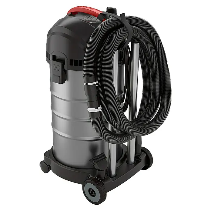 Menzer Elektro-Nass- & Trockensauger VCM 330 - 1.400 W, Behältervolumen: 30 l, Halbautomatisch - Abbildung eines Nass-/Trockensaugers mit Behälter aus rostfreiem Stahl, Schlauchaufbewahrung und Rädern für Mobilität.