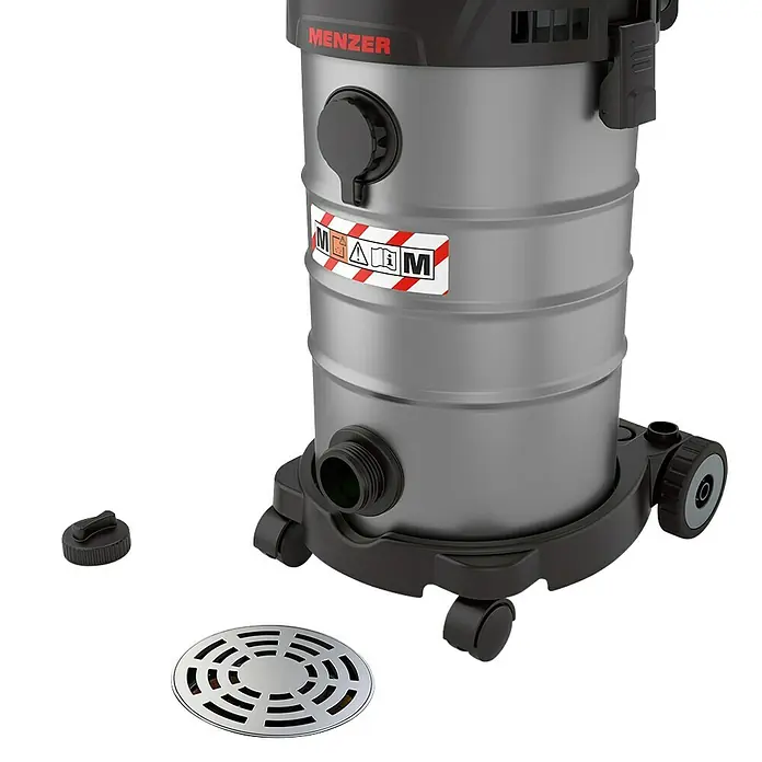 Menzer Elektro-Nass- & Trockensauger VCM 330 - 1.400 W, Behältervolumen: 30 l, Halbautomatisch - Bild eines Menzer Nass- und Trockensaugers in Silber, mit Zubehörteilen wie Filter und Deckel.