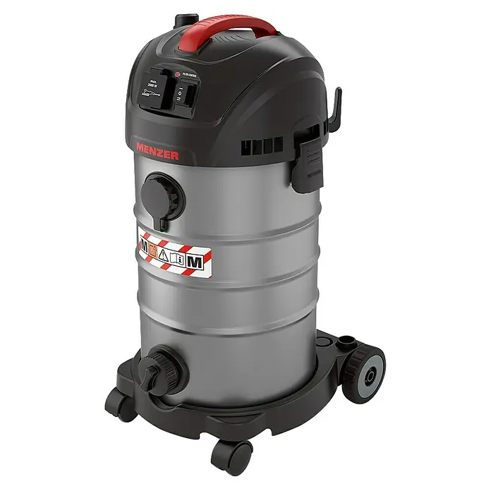 Menzer Elektro-Nass- & Trockensauger VCM 330 - 1.400 W, Behältervolumen: 30 l, Halbautomatisch - Produktbild eines MENZER Nass-Trockensaugers. Der robuste Sauger in Grau und Schwarz mit rotem Griff ist ideal für Werkstatt und Baustelle.