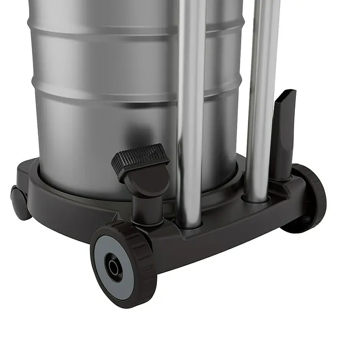 Menzer Elektro-Nass- & Trockensauger VCM 330 - 1.400 W, Behältervolumen: 30 l, Halbautomatisch - Nahaufnahme des schwarzen Sockels eines Staubsaugers mit Rädern, einer Bürste und Metallrohren. Er ist stabil und leicht beweglich.