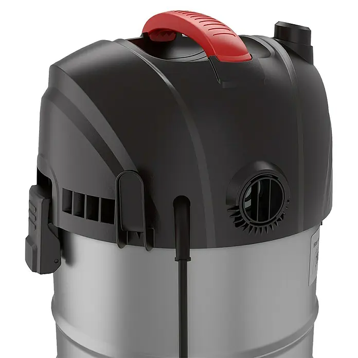 Menzer Elektro-Nass- & Trockensauger VCM 330 - 1.400 W, Behältervolumen: 30 l, Halbautomatisch - Nahaufnahme eines Nass-Trockensaugers mit schwarzem Oberteil, rotem Griff und silberfarbenem Behälter.