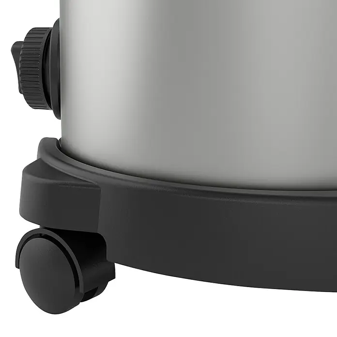 Menzer Elektro-Nass- & Trockensauger VCM 330 - 1.400 W, Behältervolumen: 30 l, Halbautomatisch - Nahaufnahme eines robusten, silbernen Staubsaugers mit schwarzen Details und einem soliden, runden Design.