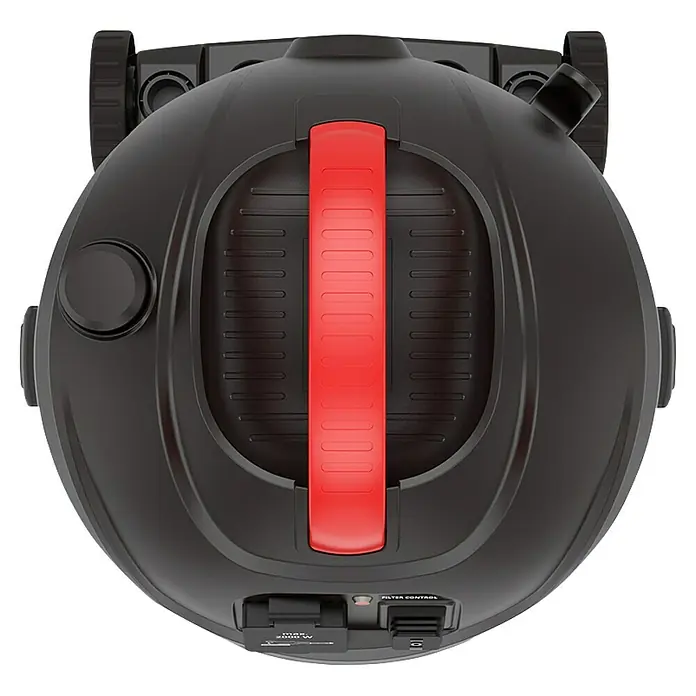 Menzer Elektro-Nass- & Trockensauger VCM 330 - 1.400 W, Behältervolumen: 30 l, Halbautomatisch - Obenansicht eines schwarzen Teichfilters mit einem roten Griff in der Mitte für einfache Handhabung und Wartung.