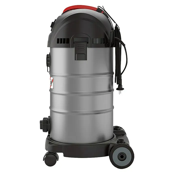 Menzer Elektro-Nass- & Trockensauger VCM 330 - 1.400 W, Behältervolumen: 30 l, Halbautomatisch - Aufnahme eines Industrie-Staubsaugers mit grauem Behälter, schwarzem Oberteil und roten Akzenten.